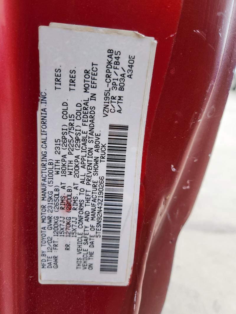 5TESN92N43Z190266 - 2003 TOYOTA TACOMA XTRACAB PRERUNNER მუქწითელი ფოტო 12