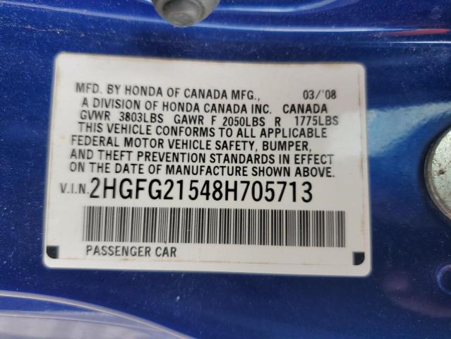 2HGFG21548H705713 - 2008 HONDA CIVIC SI BLUE photo 12