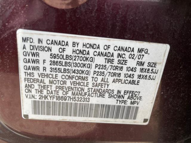 2HKYF18697H532313 - 2007 HONDA PILOT EXL MAROON photo 10