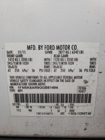 1FM5K8AR9GGB81494 - 2016 FORD EXPLORER POLICE INTERCEPTOR 白色 照片 12