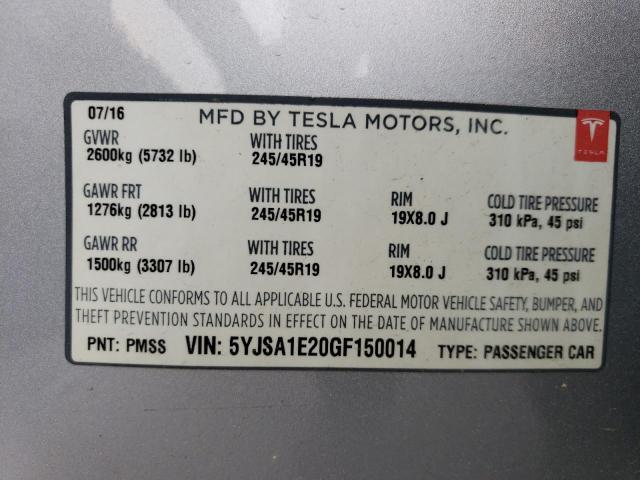 5YJSA1E20GF150014 - 2016 TESLA MODEL S SILVER photo 13