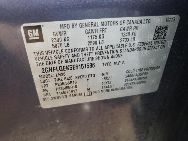 2GNFLGEK5E6151586 - 2014 CHEVROLET EQUINOX LT BLUE photo 12