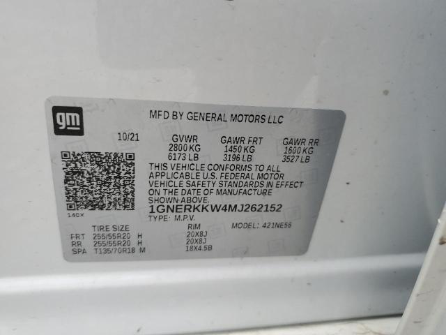 1GNERKKW4MJ262152 - 2021 CHEVROLET TRAVERSE PREMIER WHITE photo 13