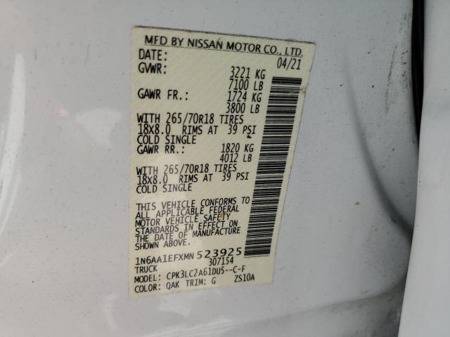 1N6AA1EFXMN523925 - 2021 NISSAN TITAN SV WHITE photo 12