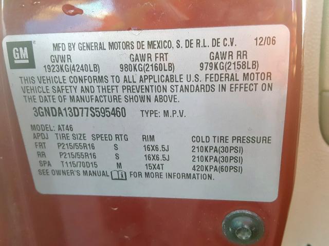 3GNDA13D77S595460 - 2007 CHEVROLET HHR LS 红色 照片 10