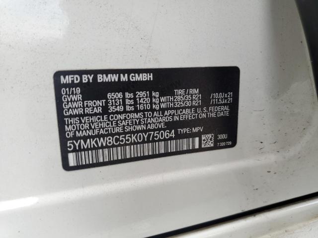 5YMKW8C55K0Y75064 - 2019 BMW X6 M WHITE photo 13