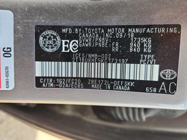 2T1BURHE5KC173197 - 2019 TOYOTA COROLLA L BROWN photo 12