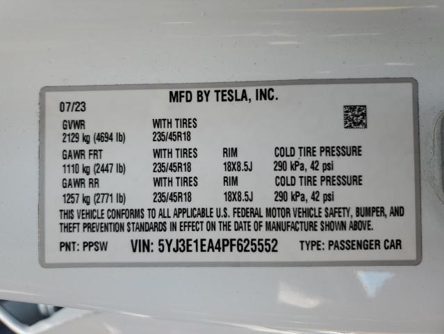 5YJ3E1EA4PF625552 - 2023 TESLA MODEL 3 WHITE photo 12