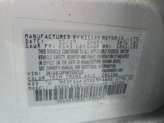 3N1AB7AP5KY292629 - 2019 NISSAN SENTRA S 银色 照片 13