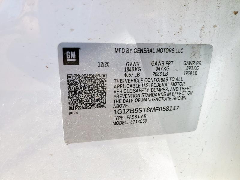 1G1ZB5ST8MF058147 - 2021 CHEVROLET MALIBU LS თეთრი ფოტო 12