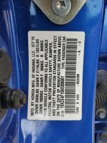 19XZE4F15KE006001 - 2019 HONDA INSIGHT LX BLUE photo 12