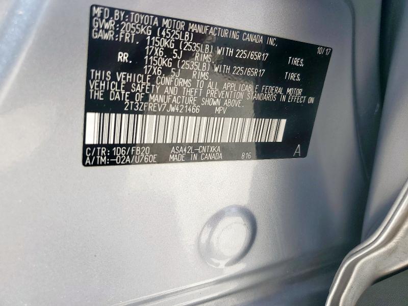 2T3ZFREV7JW421466 - 2018 TOYOTA RAV4 LE SILVER photo 13