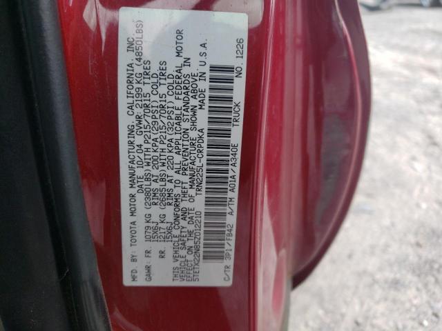 5TETX22N85Z012210 - 2005 TOYOTA TACOMA ACCESS CAB წითელი ფოტო 12