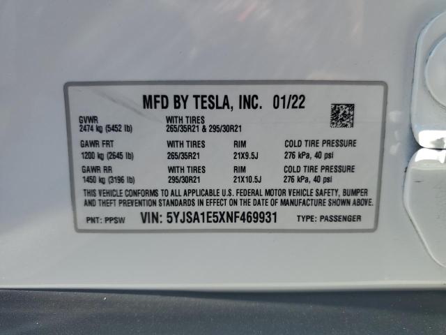 5YJSA1E5XNF469931 - 2022 TESLA MODEL S Ağ foto 12