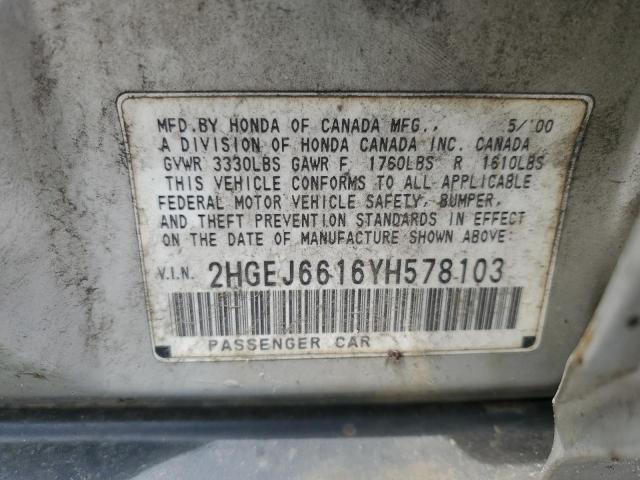 2HGEJ6616YH578103 - 2000 HONDA CIVIC BASE SILVER photo 13