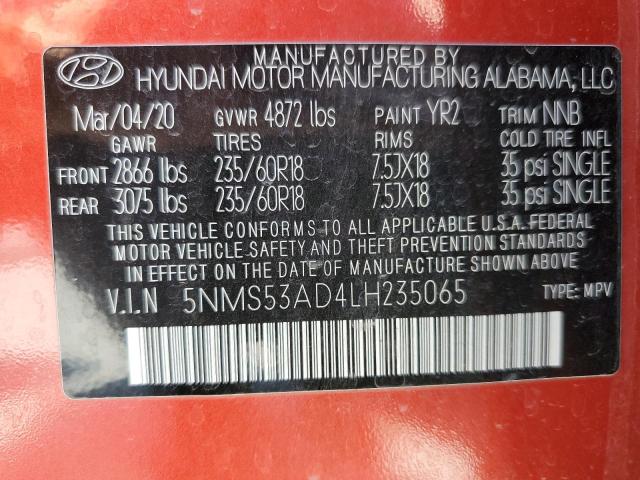 5NMS53AD4LH235065 - 2020 HYUNDAI SANTA FE LIMITED ORANGE photo 12