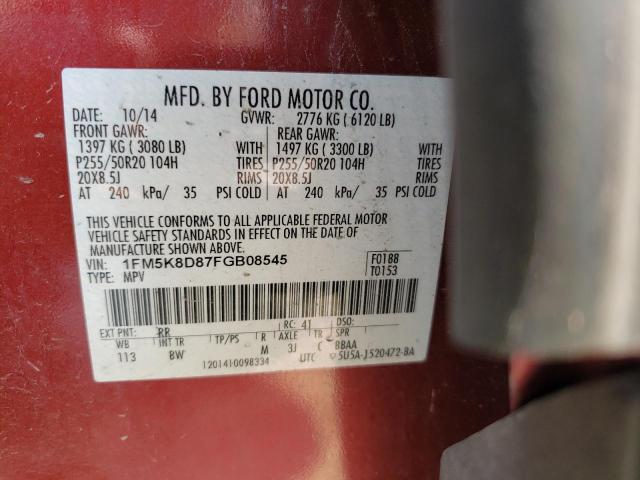 1FM5K8D87FGB08545 - 2015 FORD EXPLORER XLT RED photo 12