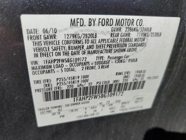 1FAHP2FW5BG109172 - 2011 FORD TAURUS LIMITED GRAY photo 10