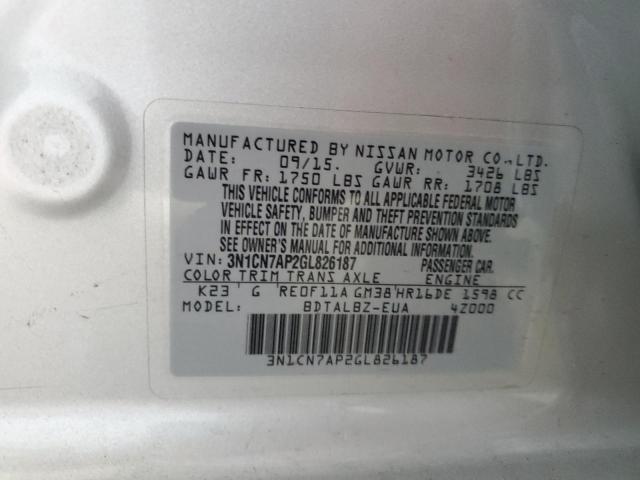 3N1CN7AP2GL826187 - 2016 NISSAN VERSA S SILVER photo 13