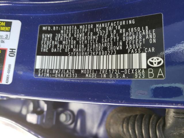 5YFBURHE2KP880273 - 2019 TOYOTA COROLLA L BLUE photo 10