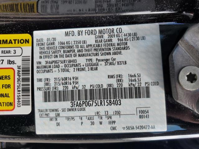 3FA6P0G75LR158403 - 2020 FORD FUSION S BLACK photo 12