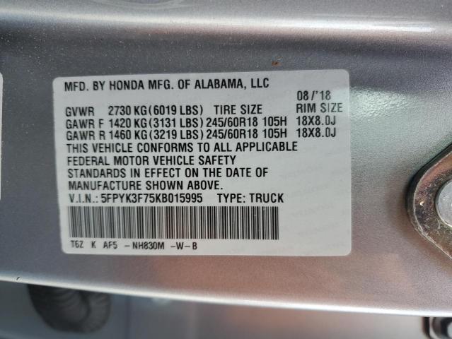 5FPYK3F75KB015995 - 2019 HONDA RIDGELINE RTL ვერცხლისფერი ფოტო 12