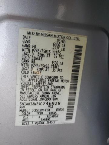 5N1AR18W25C746928 - 2005 NISSAN PATHFINDER LE 银色 照片 13