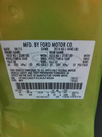 1FMCU0D7XCKA74524 - 2012 FORD ESCAPE XLT 绿色 照片 12