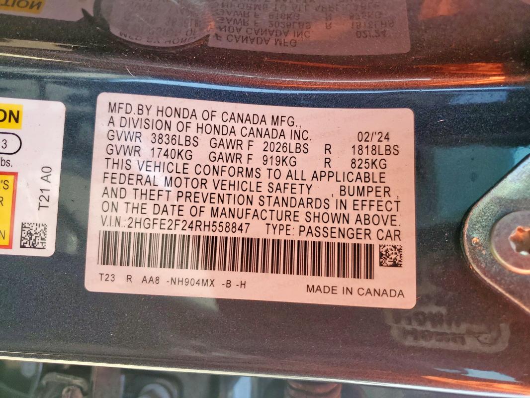 2HGFE2F24RH558847 - 2024 HONDA CIVIC LX GRAY photo 12