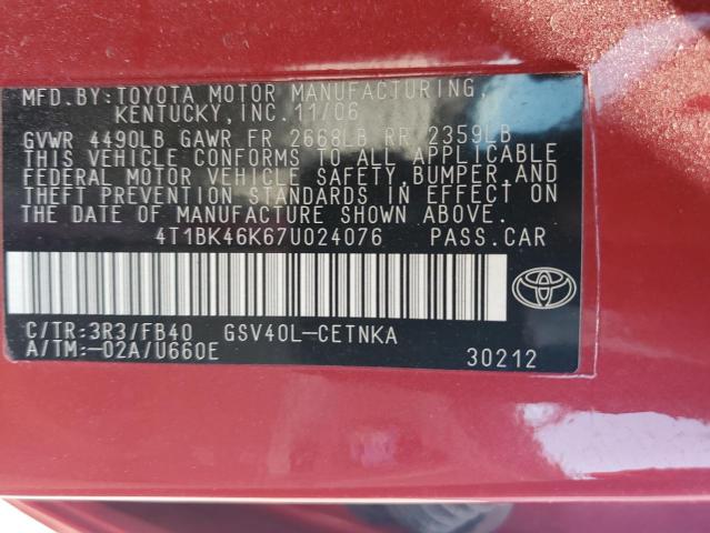 4T1BK46K67U024076 - 2007 TOYOTA CAMRY LE RED photo 12