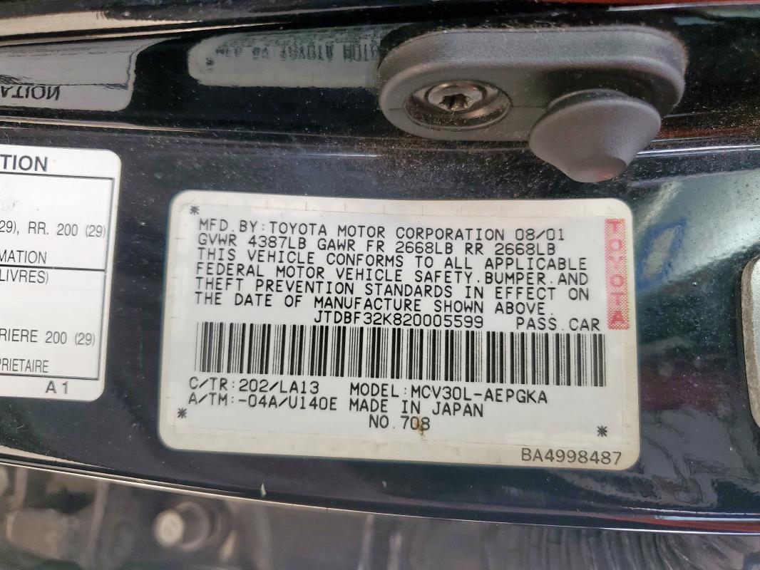 JTDBF32K820005599 - 2002 TOYOTA CAMRY LE BLACK photo 12