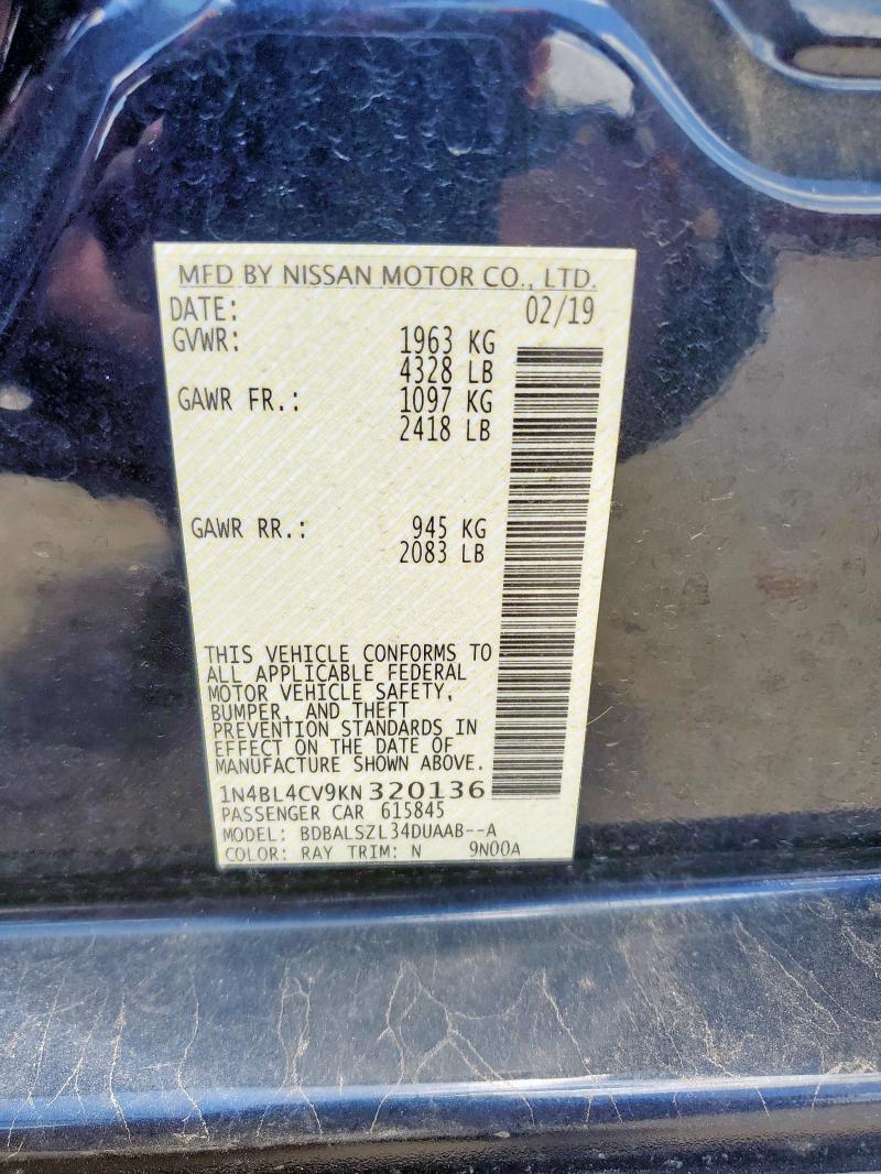 1N4BL4CV9KN320136 - 2019 NISSAN ALTIMA SR Bleu photo 12