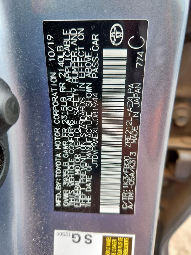 JTDVPRAEXLJ081944 - 2020 TOYOTA COROLLA LE BLUE photo 12