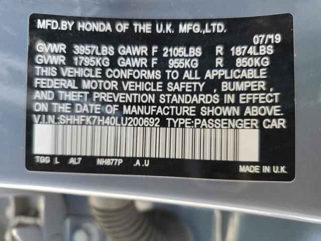 SHHFK7H40LU200692 - 2020 HONDA CIVIC SPORT 灰色 照片 12