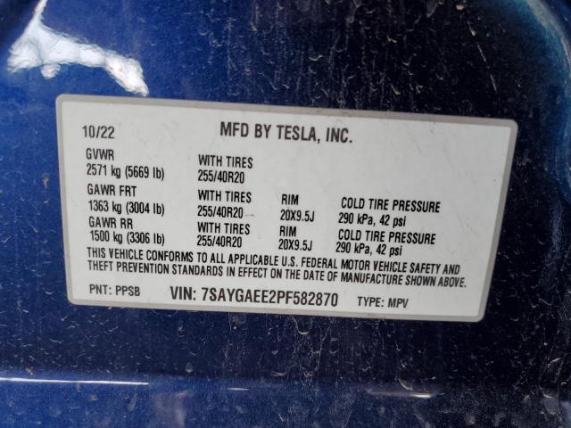 7SAYGAEE2PF582870 - 2023 TESLA MODEL Y Bleu photo 12