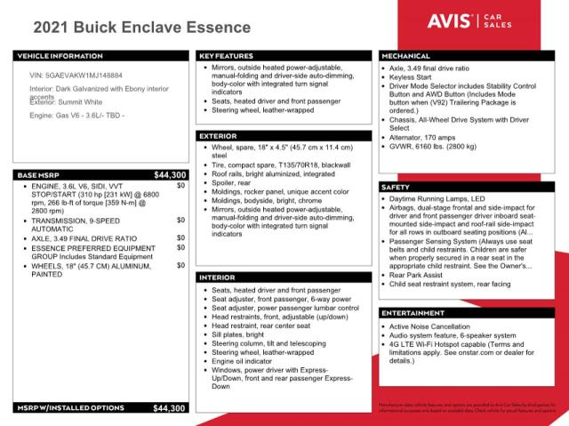 5GAEVAKW1MJ148884 - 2021 BUICK ENCLAVE ESSENCE 白色 照片 12