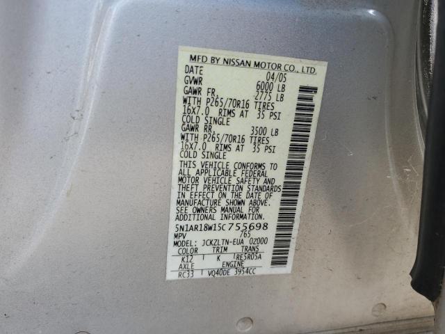 5N1AR18W15C755698 - 2005 NISSAN PATHFINDER LE SILVER photo 13