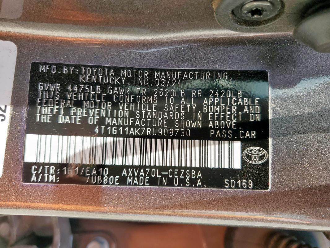 4T1G11AK7RU909730 - 2024 TOYOTA CAMRY SE NIGHT SHADE GRAY photo 12