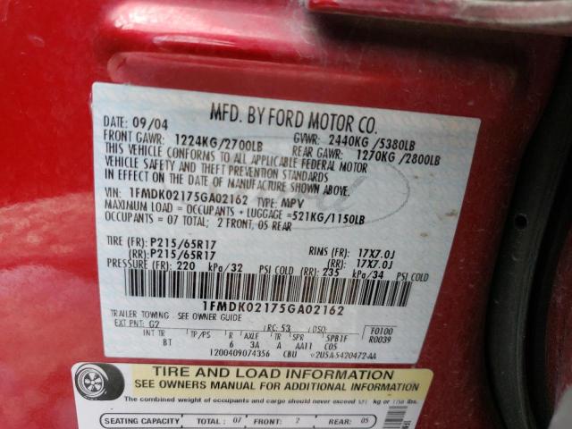 1FMDK02175GA02162 - 2005 FORD FREESTYLE SEL RED photo 14