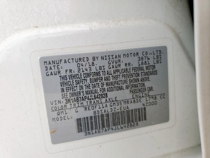 3N1AB7AP4JL642828 - 2018 NISSAN SENTRA S 白色 照片 12