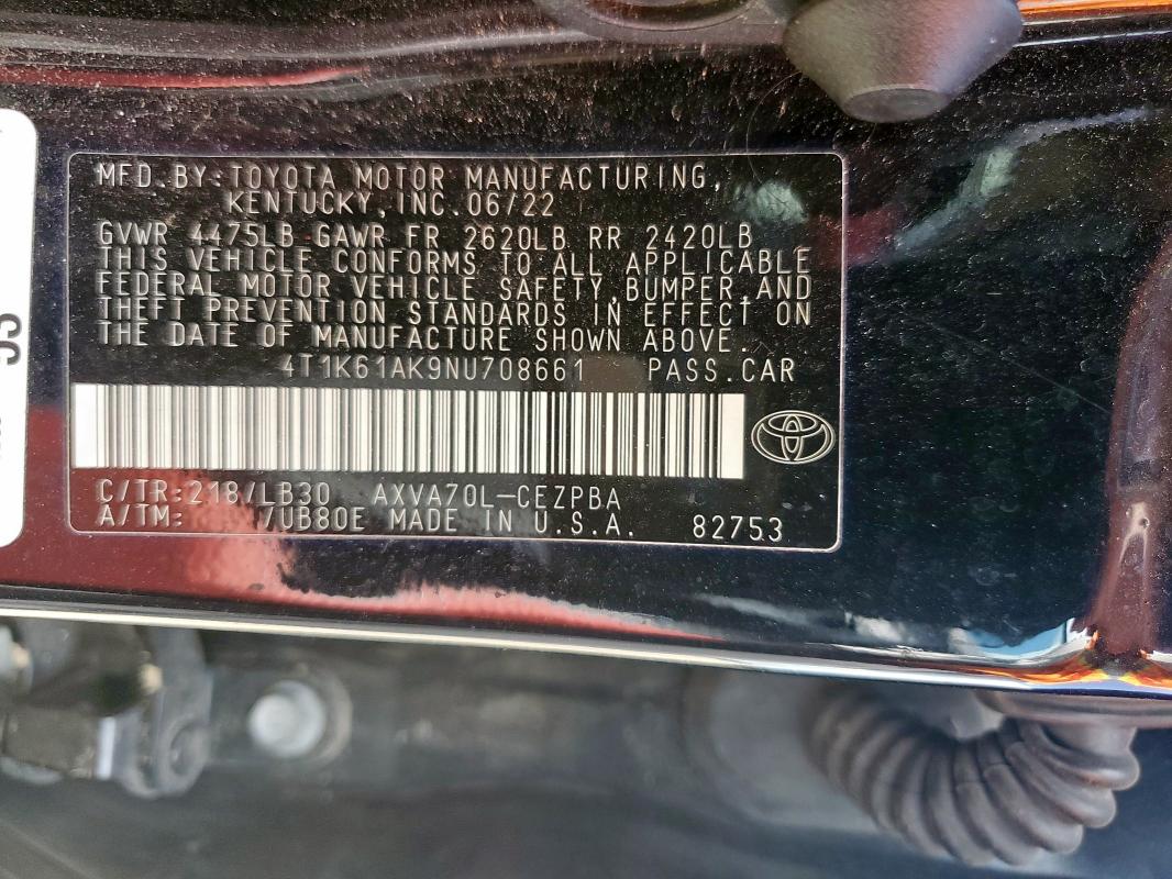 4T1K61AK9NU708661 - 2022 TOYOTA CAMRY XSE BLACK photo 12