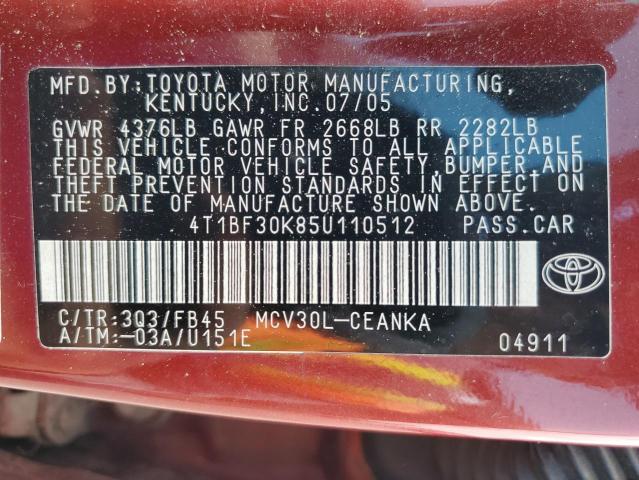 4T1BF30K85U110512 - 2005 TOYOTA CAMRY LE BURGUNDY photo 12