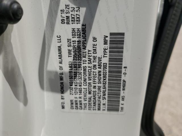 5FNRL6H82KB037003 - 2019 HONDA ODYSSEY TOURING WHITE photo 13