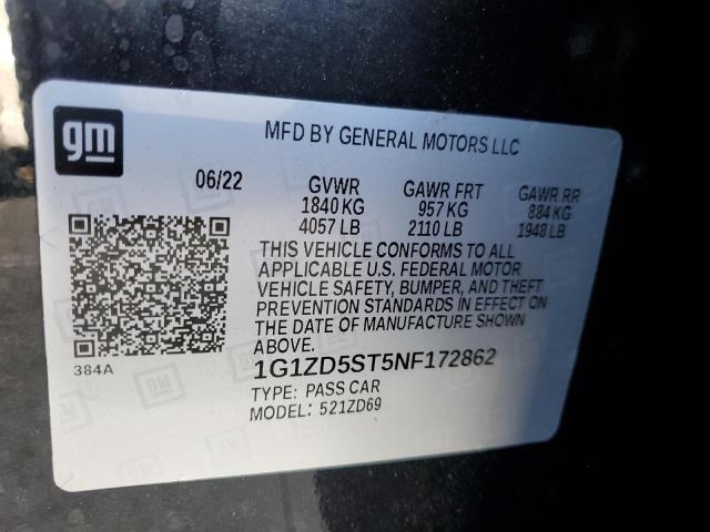 1G1ZD5ST5NF172862 - 2022 CHEVROLET MALIBU LT 黑色 照片 12