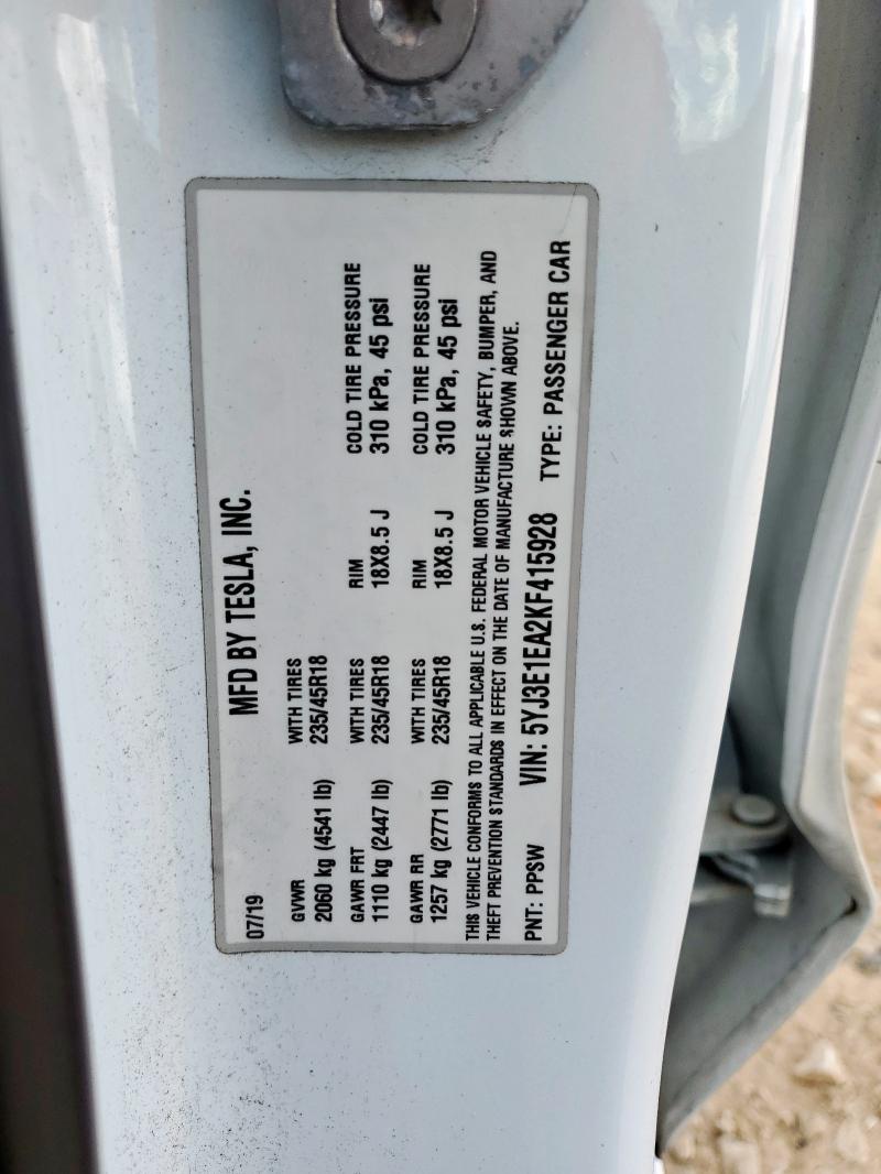 5YJ3E1EA2KF415928 - 2019 TESLA MODEL 3 Ақ фото 13