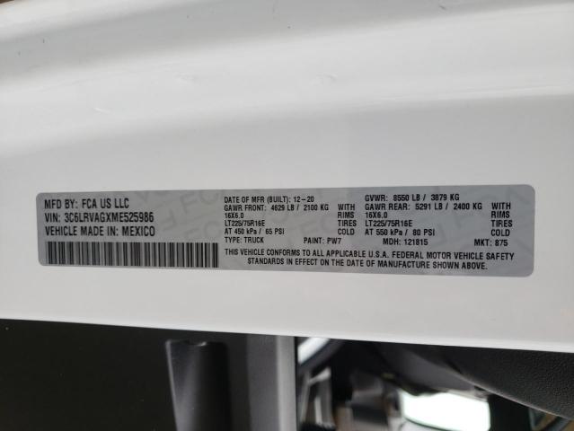 3C6LRVAGXME525986 - 2021 RAM PROMASTER 1500 STANDARD TWO TONE photo 10