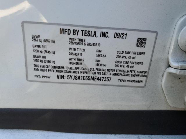 5YJSA1E65MF447357 - 2021 TESLA MODEL S თეთრი ფოტო 13
