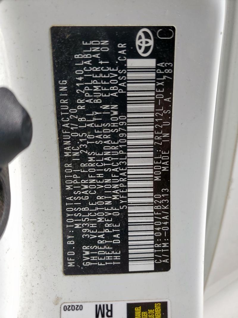 5YFEPRAE3LP109790 - 2020 TOYOTA COROLLA LE 白色 照片 12