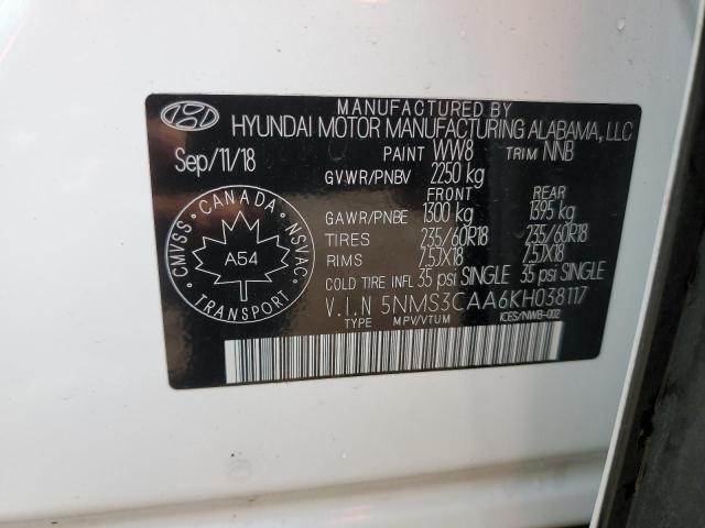 5NMS3CAA6KH038117 - 2019 HYUNDAI SANTA FE SEL თეთრი ფოტო 14