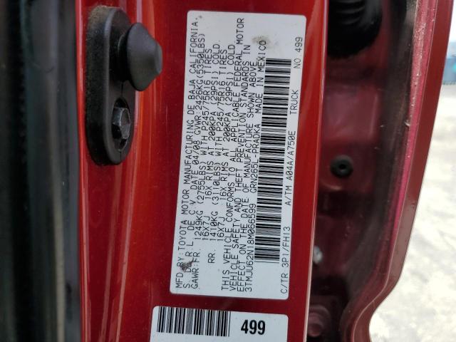 3TMJU62N18M066599 - 2008 TOYOTA TACOMA DOUBLE CAB PRERUNNER MAROON photo 12